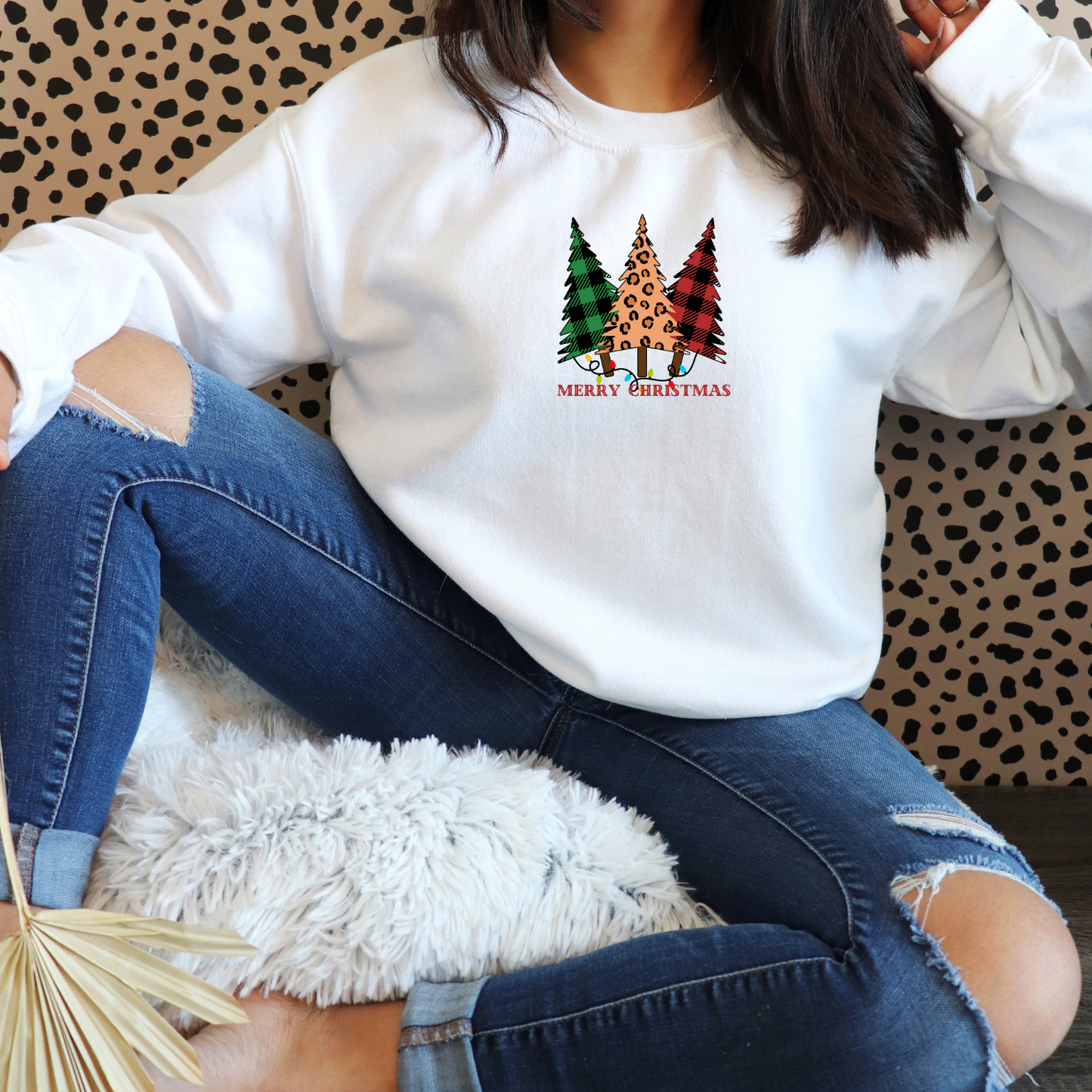 Merry Christmas sweatshirt with Christmas trees and lights